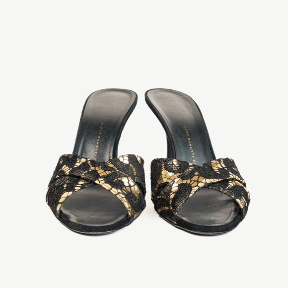 Giuseppe Zanotti Gold & Black Lace Crossover-Strap Mules - Picture 2 of 10